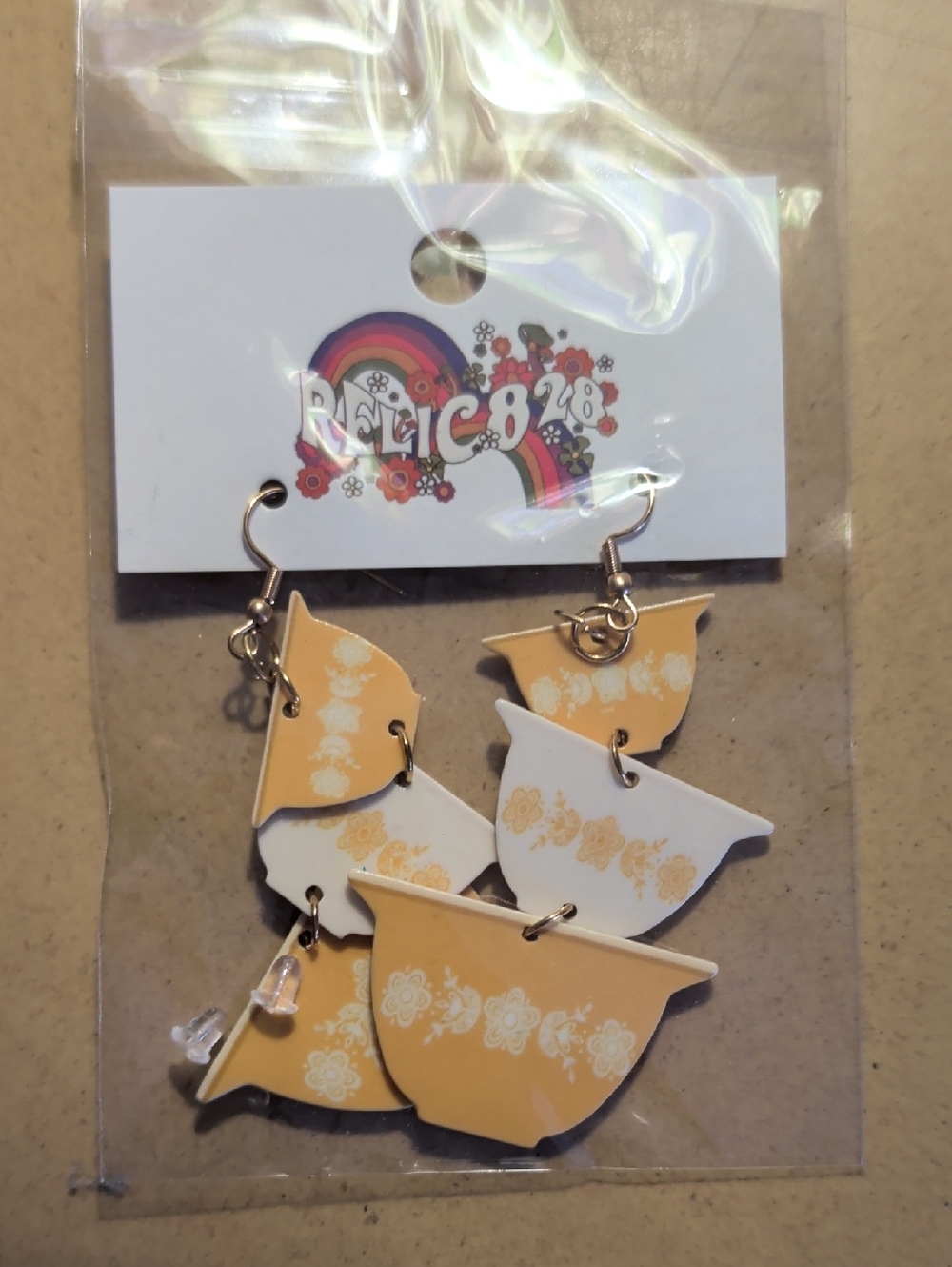 Relic828 Yellow & White Mixing Bowl Dangle Earrings with Floral Print